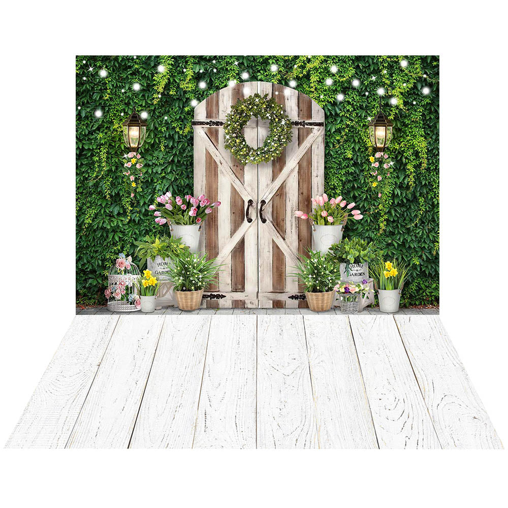 Avezano Green Walls and Wooden Doors 2 pcs Spring Set Backdrop-AVEZANO